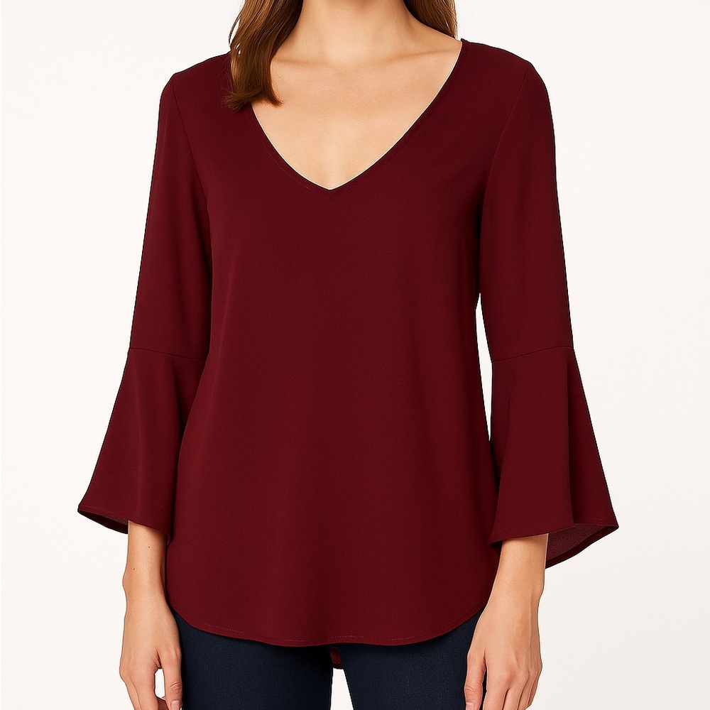 Burgundy V-Neck Bell Sleeve Blouse with Open Back – Size M